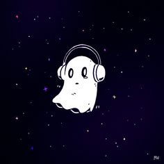 a white dog with headphones on its ears and stars in the sky behind it