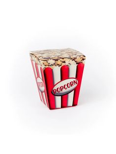 a red and white striped popcorn box with the word popcorn on it's side