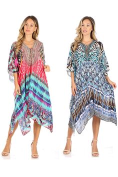 This caftan dress cover up features a beautiful handmade cut. It has a beautiful multi toned tribal pattern print with a v-neck and rhinestone embellishments around the neckline. The dress is long and tall, and has adjustable drawstrings at the neckline that can be left undone or tied as desired. The dress is very lightweight and airy.