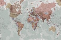 a large map of the world with countries and major cities on it's sides