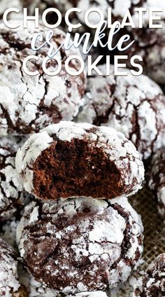 chocolate and white crinkle cookies stacked on top of each other with text overlay