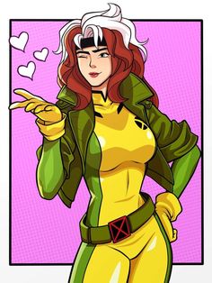 an image of a woman in yellow and green outfit pointing at something with her finger