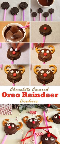 a collage of pictures showing how to make chocolate reindeer oreos