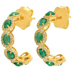 This beautiful hoop earrings is handmade in 14K gold. It is set with 1.74 carats emerald and .71 carats of sparkling diamonds. Also available in ruby, turquoise and blue sapphire. FOLLOW MEGHNA JEWELS storefront to view the latest collection & exclusive pieces. Meghna Jewels is proudly rated as a Top Seller on 1stDibs with 5 star customer reviews. All items manufactured by us are handmade and can be customized or redesigned. Composition Size-19X19 MM Total Weight-5.84 Gold Weight(Gms)-5.351 Diam Emerald Diamond Earrings, Gold Diamond Hoop Earrings, Circle Diamond, Emerald Earrings, Diamond Hoop Earrings, Yellow Gold Earring, Emerald Diamond, Jewelry Earrings Hoops, Sparkle Diamonds