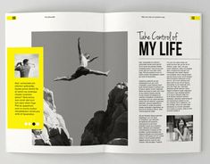 an open magazine with a black and white image of a bird flying in the sky