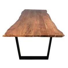 a wooden table with black metal legs on a white background and the top is made out of wood