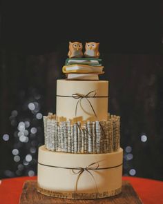 a three tiered wedding cake with owls on top