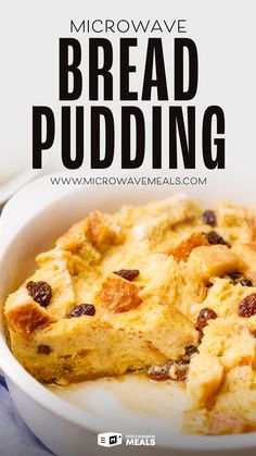 bread pudding with raisins in a white bowl