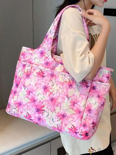 Bird in Bag - Pink Floral Patterned Printed Shoulder Bag, Durable Multi-Pocketed Crossbody Purse Fashion Tote Top Handle Satchel, Daily Use Shoulder Bag With Side Pockets, Spring Tote Shoulder Bag With Pockets, Spring Canvas Shoulder Bag With Pockets, Fabric Shoulder Bag With Pockets For Travel, Spring Bags With Pockets For Daily Use, Spring Bags For Daily Use With Pockets, Fabric Shoulder Bag With Pockets For Daily Use, Pink Rectangular Shoulder Bag With Pockets, Pink Shoulder Bag With Pockets For Everyday Use