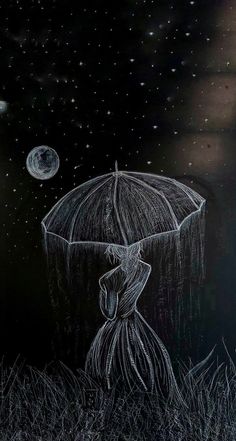 a drawing of a woman holding an umbrella in the night sky with stars and moon behind her