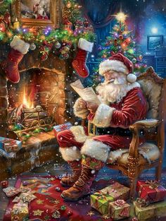 a painting of santa claus reading a book in front of a christmas tree and fireplace