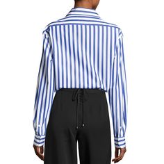 Ralph Lauren "Capri" striped poplin blouse. Spread collar; French-placket button front. Long sleeves; one-button cuffs. Yoked back shoulders. Relaxed silhouette. Straight hem; side slits. Cotton. Made in Italy. Workwear Tops With Striped Cuffs And Spread Collar, Striped Blouse With Spread Collar For Work, Striped Spread Collar Blouse For Work, Formal Vertical Stripes Button-up Blouse, Striped Blouse With Button Cuffs For Daywear, Designer Ralph Lauren, Poplin Blouse, Cocktail Jacket, Ralph Lauren Black Label