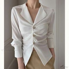 Elluis - Elegantly Refined: Sophisticated and Figure-Enhancing White Blouse Elegant Semi-formal Tops With Lapel Collar, Modern Blouse With Lapel Collar For Office, Elegant Tailored V-neck Top, Chic Semi-formal Blouse With Lapel Collar, Chic Blouse With Lapel Collar, Chic Semi-formal Blouse, Elegant Fitted Blouse, Fitted Solid Color Elegant Blouse, Elegant Fitted Blouse With Lapel Collar