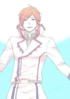 an anime character with pink hair and blue eyes wearing a white outfit, holding his arms out