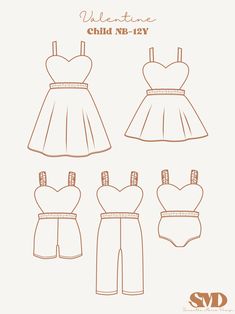 the children's dress and shorts sewing pattern is shown in three different sizes, including one