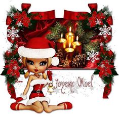 a christmas card with a girl in santa's outfit holding a bell and candles