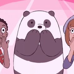 an animated image of two women and a panda bear in front of a pink background