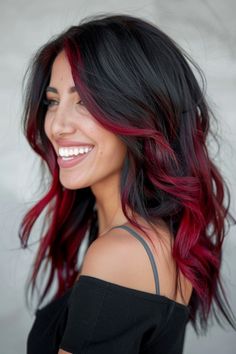 Click for More ➡️ | Save for Later ❤️  Add some brightness to your look with black cherry highlights. This style is perfect for adding a touch of color to your natural hair without a full commitment. (Bright Black Cherry Highlights) Ombre Cherry Red Hair, Black With Red Money Piece Hair, Black Hair Red Ombre, Red To Black Hair, Black And Red Ombre Hair, Black With Red Highlights, Cherry Highlights, Red Black Hair