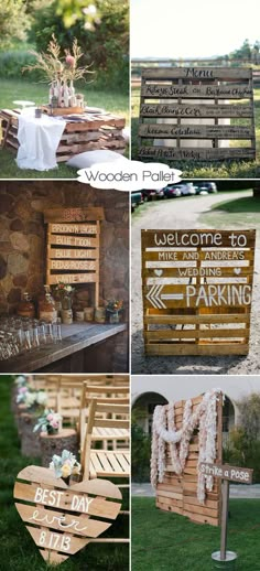 wooden signs are arranged on the grass and decorated with flowers