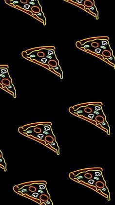 many slices of pizza on a black background with neon lights in the shape of numbers