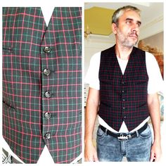 "mens waistcoat mens black red Plaid Vest Mens Vest wool Vest Vintage Sleeveless Jacket mens Tartan Vest Tweed Vest M height of the men in the photo - 187 cm Please refer to photos for details of condition. Condition: good vintage Measurements: Length: 58 cm/ 22.8\" Bust: 102 cm/ 40.1\" Waist: 94 cm/37.0\" Size: M note The color on the pictures may vary due to monitor settings and light reflections. Ready to ship Please do not hesitate to contact with me for any questions. Thank you for shopping Winter Tailoring Vest With Buttons, Fitted Plaid Vest For Winter, Casual Wool Vest, Tailored Black Wool Vest, Red Wool Vest For Winter, Black Wool Vest Outerwear, Mens Vest Wedding, Mens Tweed Vest, Plaid Vest Men