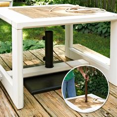 an outdoor table with a tree in the middle and a person standing next to it