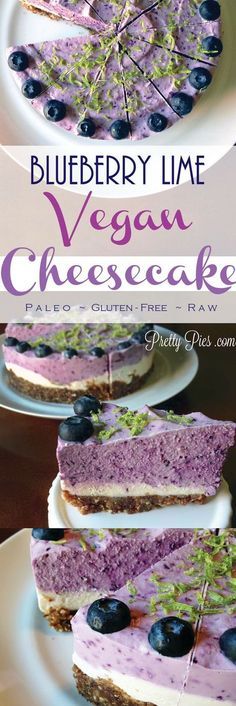 blueberry lime vegan cheesecake on a white plate with the title overlay