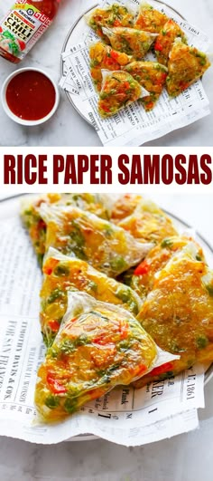 rice paper samosas on a plate with dipping sauce