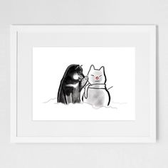 a black and white drawing of two cats in the snow, one has its nose to another cat's mouth