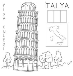 the leaning tower of pisa in italy with its name and map coloring page for kids