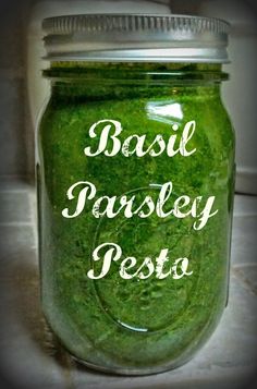 basil parsley pest in a jar with the words basil parsley pest on it