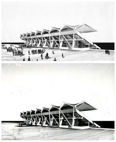 two photographs side by side one shows people walking and the other shows an architectural design