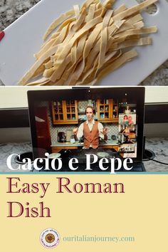 pasta is being cooked on the stove top and in front of a television screen with text that reads easy roman dish