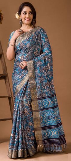 Blue color Saree in Silk fabric with Floral, Printed work Blue Color Saree, Reception Lehenga, Engagement Reception, Traditional Saree, Casual Saree, Waist Chain, Traditional Sarees, Blouse Length, Salwar Kameez