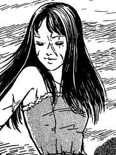 a black and white drawing of a girl with long hair looking down at the ground