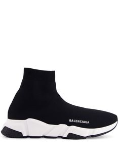 black/white fine knit ribbed edge embroidered logo to the side round toe slip-on style sock-style ankle branded insole chunky rubber sole Clear Sneakers, Balenciaga Sock, Dr Shoes, Basket Noir, Sneakers And Socks, Balenciaga Sneakers, Balenciaga Speed, Sock Sneakers, Balenciaga Black