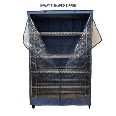 the 3 - way shaped zipper is shown on top of a blue cart with two shelves