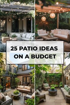 Patio ideas and designs including cozy seating areas with string lights and greenery. Cheap Patio Ideas, Rustic Outdoor Bar, Inexpensive Patio, Patio Ideas On A Budget, Backyard Area, Cheap Patio, Budget Patio, Foster Family