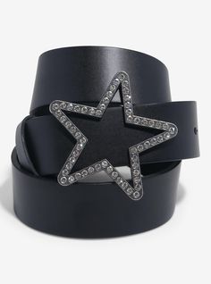 This belt goes with every 'fit! It has a statement-making belt buckle in the shape of a star and decorated with rhinestones.1 12" widePolyurethane; alloyImported Hot Topic Belt, Studded Belt Overlap Scene, Scene Belt, Star Studded Belt, Goth Belt Buckle, Black Deck, Disney Valentines, Tall Hoodies, Buckle Shoes