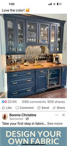 an image of a kitchen with blue cabinets and gold accents on the counter top,