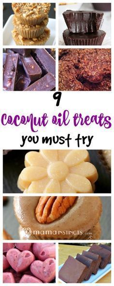 the collage shows different types of desserts and pastries with text overlay that reads, 9 coconut oil treats you must try