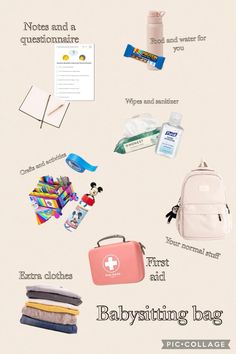 the contents of a babysitting bag are shown in this graphic above it's description