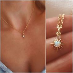 "14K gold-filled 2.5mm flat cable chain 14K gold-filled 10mm Italian teardrop lobster clasp 16K gold dipped faux white snow opal pendant, nickel-free & anti-tarnish protected NOTE: Gemsicles' gold-filled jewelry is cadmium-free, lead-free and nickel-free. :) NOTE: This listing is for one necklace with one pendant, but you can choose to purchase just the pendant without the chain (see drop down menu). The \"Pendant - No Chain\" option includes the pendant with a bail/top loop and no chain. Fa Dainty Gold Starburst Necklace, Gold Star-shaped Jewelry With Star Charm, Elegant Gold Starburst Jewelry, Celestial Jewelry With Starburst Star Charm, Gold Starburst Jewelry With Star Charm, Dainty Starburst Yellow Gold Jewelry, Gold Celestial Jewelry With Star Charm, Gold Starburst Jewelry For Gifts, North Star Pendant