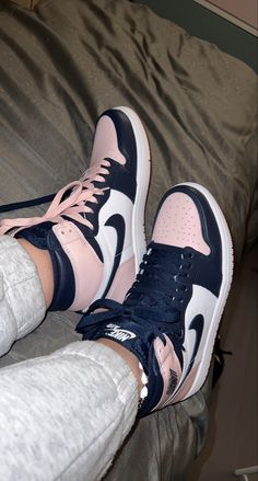 Pink And Blue Air Jordans, Blue And Pink Nike Shoes, Pink And Blue Jordans, Air Jordan 1 Atmosphere, Jordan 1 Atmosphere, Jordan Rose, Nike Shoes Women Fashion, Pink Jordans, Nike Shoes Air Force