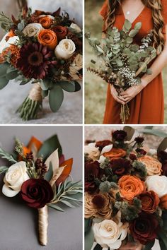 four different bouquets with flowers and greenery