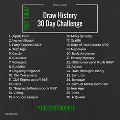 a blackboard with green lettering that says draw history 30 day challenge