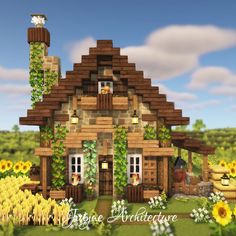 a small wooden house surrounded by sunflowers