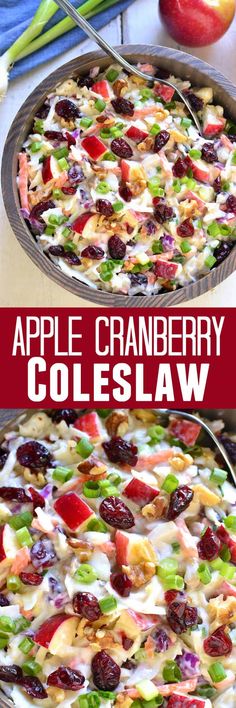 an apple cranberry coleslaw is served in a pie pan