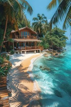 a house on the beach surrounded by palm trees and clear blue water with white sand