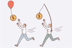 two men are running with money and a fishing rod in their hands, one is holding a balloon